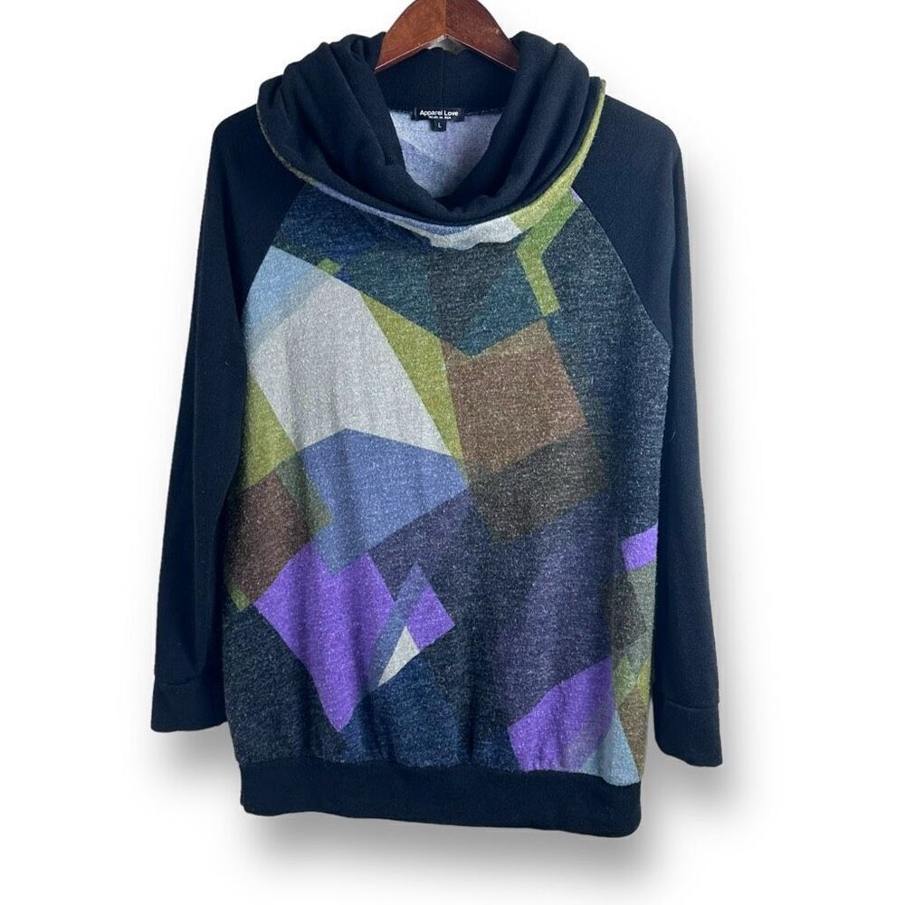 Apparel Love Women's L‎ Geometric Print Cowl Neck Hoodie Colorful Abstract Tunic